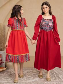 1pc Tween Girls' Red Retro Print Patchwork Cinched Waist Bubble Sleeve Spring/Summer Vacation Dress - Red - View 1
