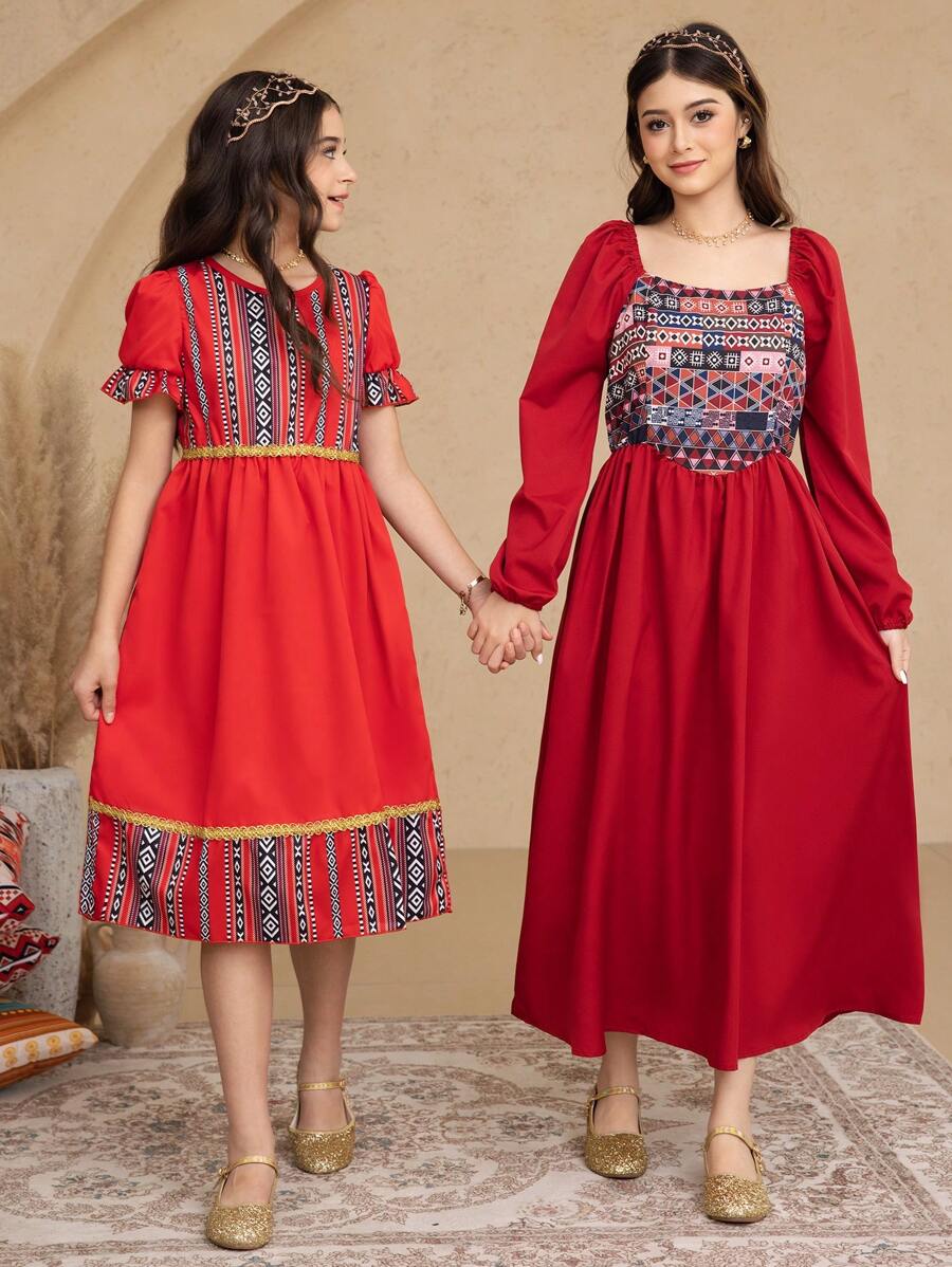 1pc Tween Girls' Red Retro Print Patchwork Cinched Waist Bubble Sleeve Spring/Summer Vacation Dress - Red - View 1