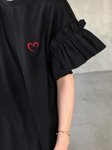 FRIFUL Women Oversize Black Long Dress With Ruffle Hem & Heart Embroidery, Casual Summer Outfit Sundress