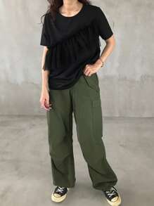 FRIFUL Women's Casual Solid Color Ruffle Mesh Trim T-Shirt, Summer Short Sleeve Top - Black - View 2
