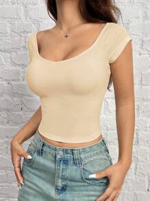 SHEIN EZwear Women Short Sleeve Solid Color Slim Fit Casual Top, For Everyday Wear