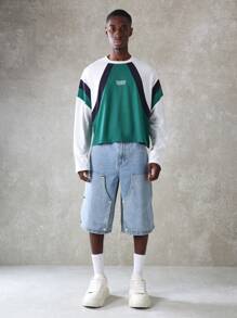 SUMWON Carpenter 牛仔短裤优质工装纽扣按扣覆盖设计宽腿宽松夏季滑板街头服饰节日时尚牛仔短裤