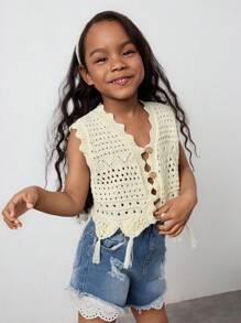 Maija Kids Maija Kids Spring/Summer Young Girl's Solid Apricot Hollow Out Crochet Sleeveless Floral Hem Casual Knit Short Cardigan, Versatile For Outdoor, Beach,