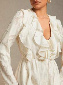 L'Amorae Summer Women Outfit, Women Clothes, Romantic Elegant White Floral Jacquard Ruffle Flounce Sleeve Romper, Women Rompers. For Date Night, Concerts, Performances, Wedding, Parties, Evening, Music Festivals