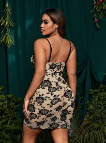 SHEIN Belle Plus Summer Thời Trang Hoa Hồng Họa Tiết Ren Tương Phản Eo Cinched Bodycon Dây Đeo Spaghetti - Nhiều màu - Xem 2