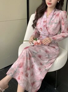 DAZY 女式花卉印花 V 领收腰连衣裙，粉色，假日和度假海滩，春秋季挤奶女工连衣裙长袖连衣裙