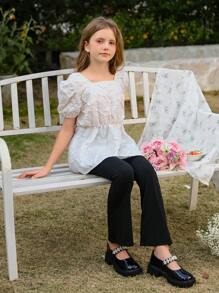 SHEIN 2pcs/Set Tween Girl Ruffled Sleeve Button-Up Shirt & Flare Pants, Elegant Girl Outfits, Wedding Ceremony & Elegant Cute Style, Floral/Partial Decoration, Without Traditional Patterns