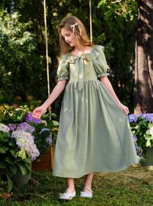 SHEIN Tween Girls Ruffled Sleeve Waist Cinched Dress, Elegant Party Vacation Dress, Princess Formal Wear, Flower Girl Dress, Suitable For Wedding Season, Floral Decor, No Traditional Patternholiday,Summer,Travel,Getaway - Green - View 6