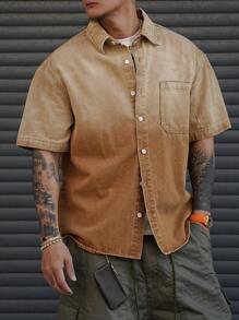 DAZY Summer Solid Brown Gradient Men's Denim Shirt - Brown - View 4