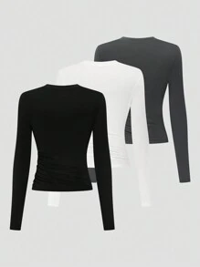 SHEIN LUNE Conjunto de 3 piezas talla grande: Top ajustado de cuello redondo de manga larga de punto con detalle de plisado lateral