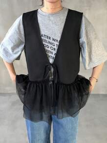 FRIFUL Women's Black Sleeveless Top With Mesh Patchwork And Tie Design, Summer Shirt