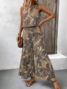 EMERY ROSE Conjunto de 2 piezas estilo bohemio con top corto de cuello redondo con estampado vintage y pantalones de pierna ancha, conjunto informal de playa y vacaciones de verano para mujer