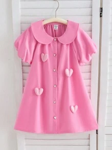 SHEIN Đầm thường ngày cho bé gái ngày lễ tình nhân phong cách công chúa tay bồng màu hồng trang trí hình trái tim cài nút phía trước, mặc hàng ngày vào mùa hè - Hồng - Xem 3
