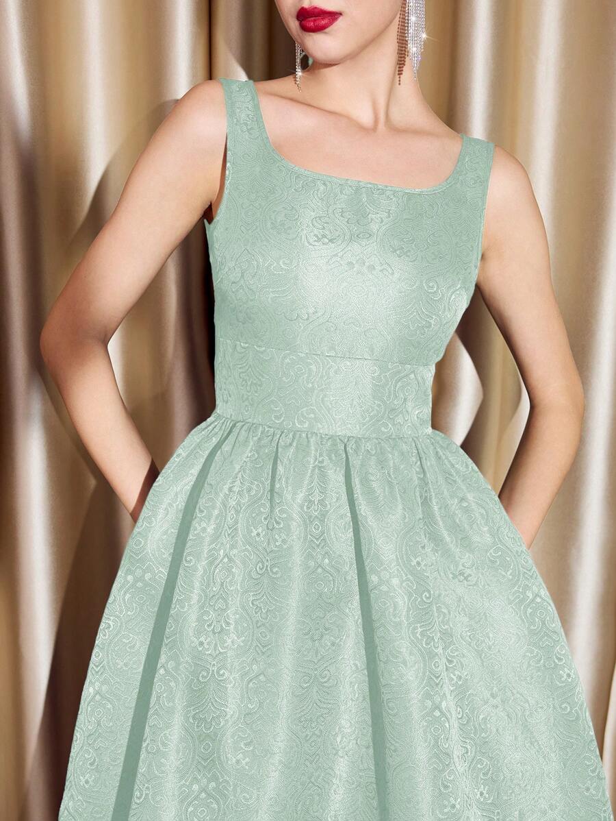 Vintamour 复古优雅女式无袖提花纹理船领收腰迷你 A 字连衣裙，带口袋，适合节日派对 圣诞女装 感恩节女装 冬装 蓝色返校节连衣裙 冬季女装 秋季女装 连衣裙 秋季女装 公主女装 圣诞女装 皇家蓝色女装 冬季女装 秋季连衣裙 派对女装 - 薄荷綠 - 查看 1