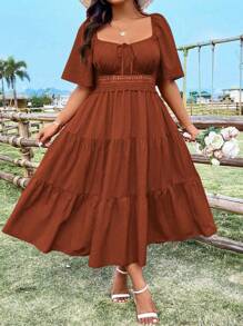 Sunnyshic Robe ample pour femmes avec col carré à encolure en forme de cœur de poulet, manches à volants, patchwork, coupe évasée, style vintage, décontracté, mignon et élégant. Robe d'été petite taille