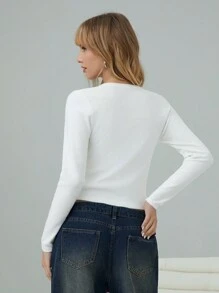 SHEIN EZwear 女士纯色前拉链长袖休闲上衣，日常穿着 - 白色 - 查看 2