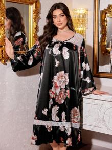 Plus Size Faux Silk Floral Print Lace Patchwork Off Shoulder Long Sleeve Nightgown - Multicolor - View 3