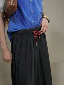 Muvela 女式中长款褶皱裙，海军蓝纯色，前系带蝴蝶结撞色腰带，极简主义 A 字裙，适合春季服装