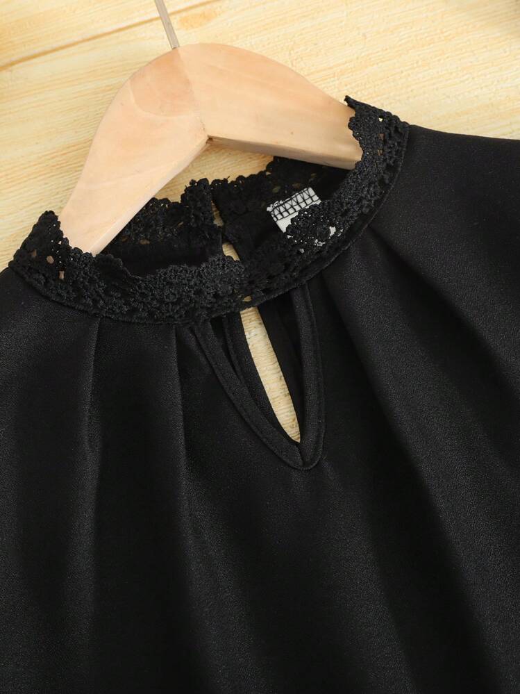 SHEIN Tween 女童休闲编织蕾丝短袖黑色衬衫 - 黑色 - 查看 3