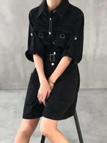 FRIFUL Women's Solid Color Waist Cinched Short Denim Bib Overalls & Jumpsuit