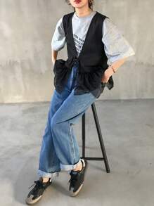 FRIFUL Women's Black Sleeveless Top With Mesh Patchwork And Tie Design, Summer Shirt