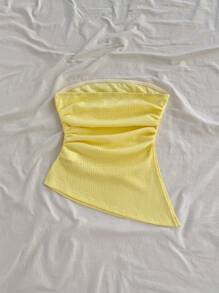 Soleia 女士度假风无肩带蓝色纹理不对称下摆侧开衩褶皱修身衬衫 - 黃色 - 查看 2