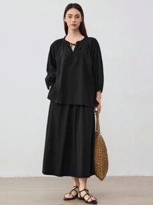 Dazy-Less Ensemble 2 pièces décontracté de couleur unie avec cordon de serrage pour femmes, ensembles de détente pour femmes - Noir - Voir 1