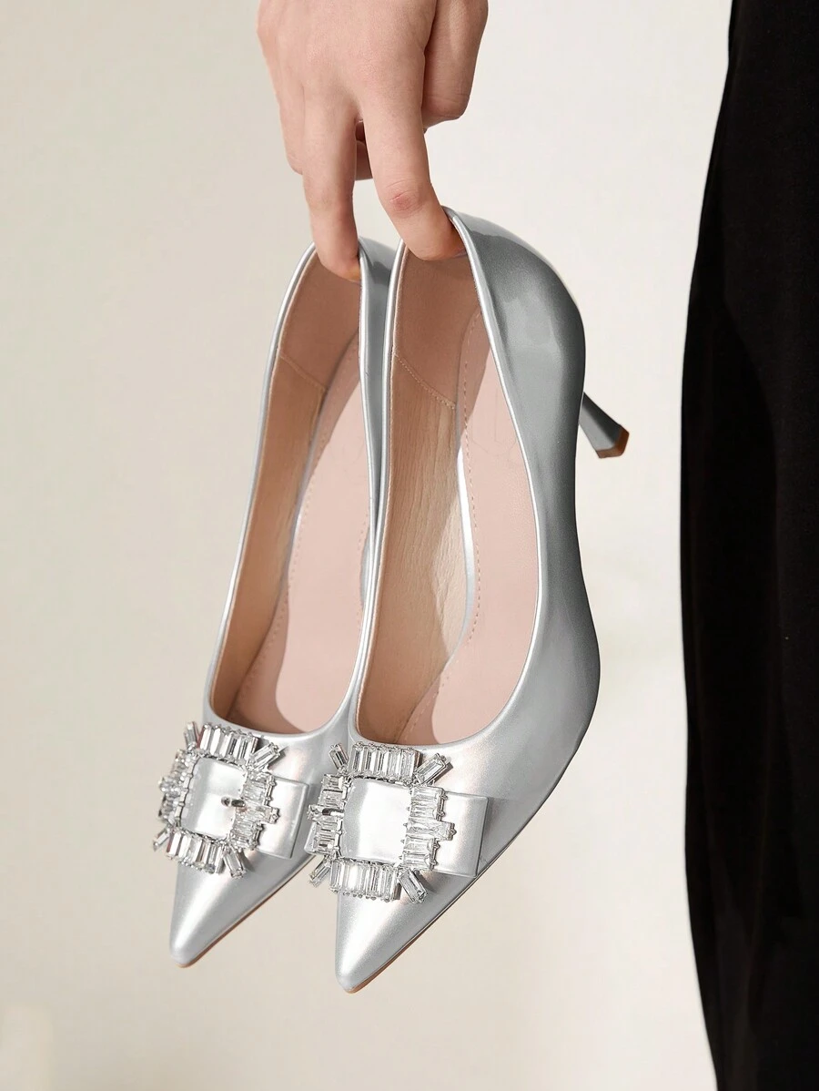 CUCCOO CHICEST Women's Silver Satin Rhinestone Button Pointed Toe High Heels, Elegant For Commute, Dating, Wedding, Office, Formal Occasions - Silver - View 1