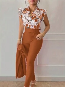 Xyvia Conjunto de 2 piezas de mujer con camisa de botones delanteros con estampado floral y pantalones de largo completo (el cinturón es decorativo) - Óxido marrón - Ver 7