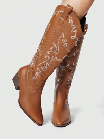 Fairycore Botas vaqueras de punta fina con bordado de tótem estampado para mujer, botas altas por encima de la rodilla de PU negro para uso diario