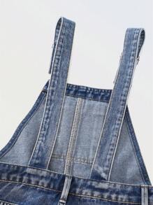 Tween Girl Street-Style Casual Y2K Denim Dungaree Shorts With Ripped Design For Campus, Summer Fashion, Versatile Daily Wear, Spring/Summer 2025 New Arrival