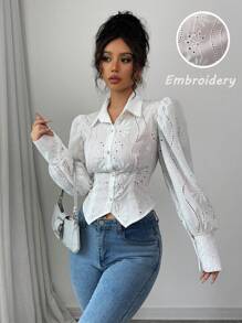 Elenzga Valentine's Day New Arrival Women's Jacquard Embroidery Floral Romantic Puff Sleeve Blouse, Elegant Versatile Slim Fit Hollow Pattern White Long Sleeve Shirt
