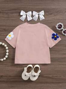 SHEIN Baby Girl Casual Floral Applique Short Sleeve Top