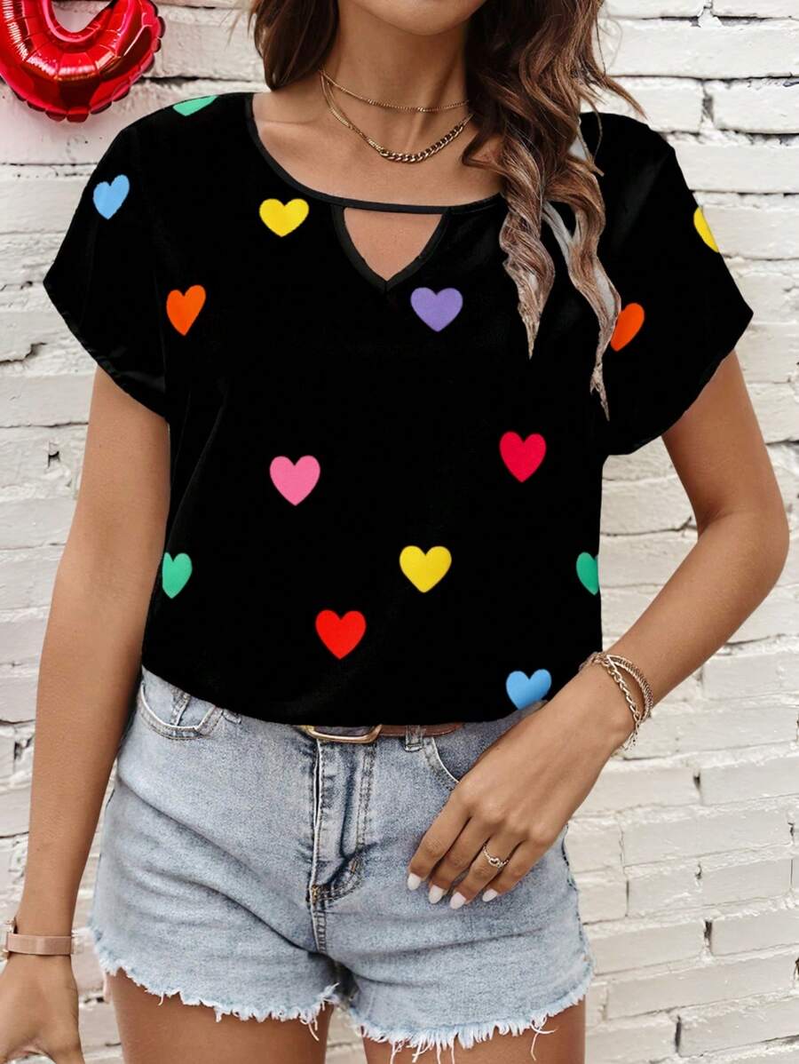 SHEIN LUNE Casual Minimalist Heart Print Raglan Shirt For Women, Suitable For Spring/Summer For Valentine's Day Chic Blouses For Women,Casual - Multicolor - View 1