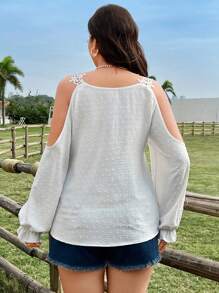 Flirla Plus Size V-Neck Off Shoulder Long Sleeve Floral Lace Patchwork Fuzzy Jacquard White Elegant Vacation Shirt For Women Fall Cloth For Women - White - View 2