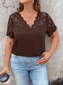 EMERY ROSE Plus Summer Women Contrast Lace Scallop Trim Tee - Coffee Brown - View 4
