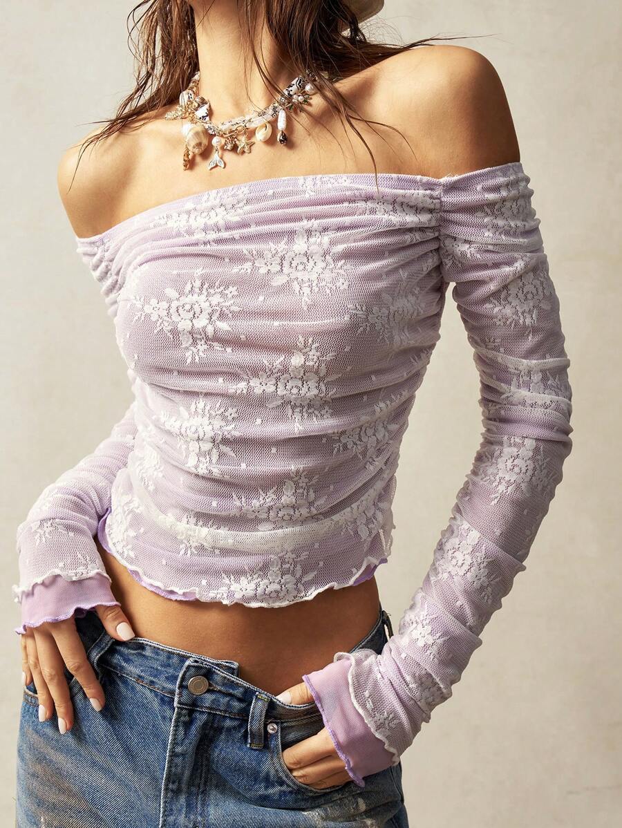 Bohemela Boho Solid Color Knit Lace Fabric Off Shoulder Long Sleeve Slim Cropped Women Top - Multicolor - View 1