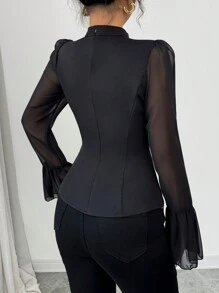 SHEIN Unity 女士时尚水钻装饰优雅立领长袖网眼拼布衬衫 - 墨綠色 - 查看 2