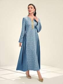 Al Najma 女士拼色长袖 V 领阿拉伯风格连衣裙