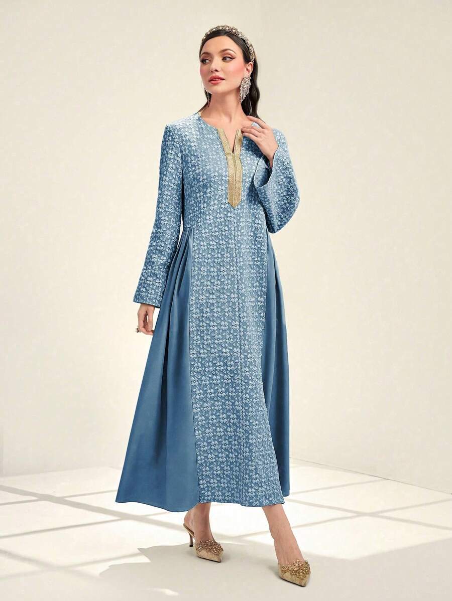 Al Najma 女士拼色长袖 V 领阿拉伯风格连衣裙