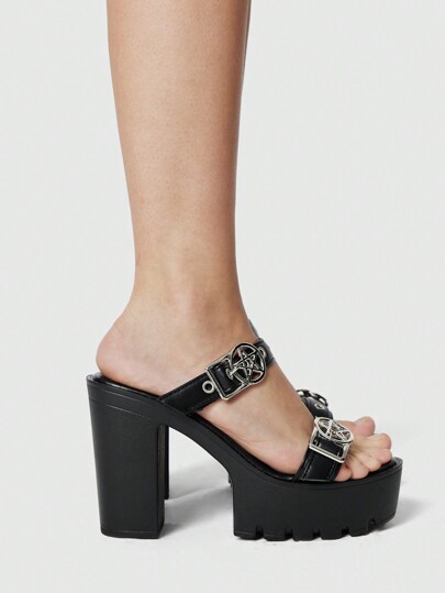 Damen Gothic Stil offene Zehe Plateau Absatz Sandalen, Sommer Punk Sandalen mit Schnalle, Sterne Dekor Plateau High Heel Schuhe