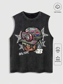 ROMWE MEN Street Life Men's Hip Hop Figure Print Washed Snow Flake Tank Top - Black - View 2