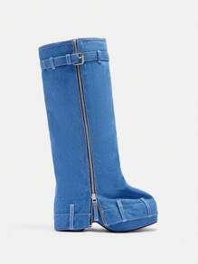 CUCCOO CURVES Plus Size Women Vintage Thick Sole Fashion Round Toe Shark Hem Belt Buckle Long Boots For Autumn/Winter