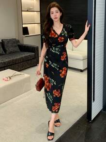 DAZY Sukienka damska z krótkim rękawem i kwiatowym wzorem kopertowym