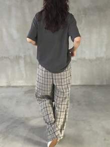FRIFUL 女士夏季休闲两件套：灰色基础款T恤和格子长裤家居服套装，女士短款套装 - 灰色 - 查看 5