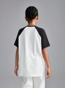 SHEIN Tween Girls Spring/Summer Crew Neck Cat Print Color Block Loose Fitting T-Shirt - Black and White - View 2
