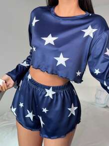 Miss Vinta 女士星星印花长袖上衣和短裤睡衣套装 - 藏蓝色 - 查看 3