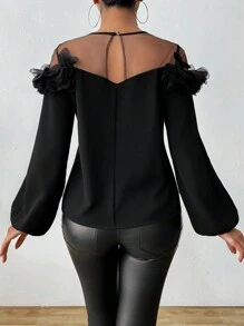 SHEIN Unity 女士休闲露肩简约刺绣花卉长袖衬衫 - 黑色 - 查看 2