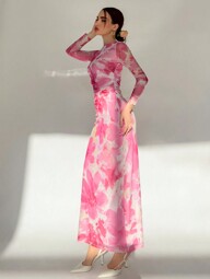 Aloruh Valentine's Day Pink Floral Print Long Sleeve Maxi Mesh Dress For Women
