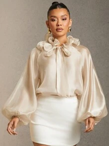 L'Amorae Summer Women, Women, Sophisticated Champagne Satin Plain Color Ruffle Tie Neck Raglan Sleeve Long Sleeve Elegant Blouse, Women Tops, Long Sleeve Top, Going Out Tops, Women Blouses, Elegant Women Blouses, Work Women Blouses, Office Women. For Date Night, Concerts, Performances, Wedding, Parties, Evening, Old Money - Apricot - View 5